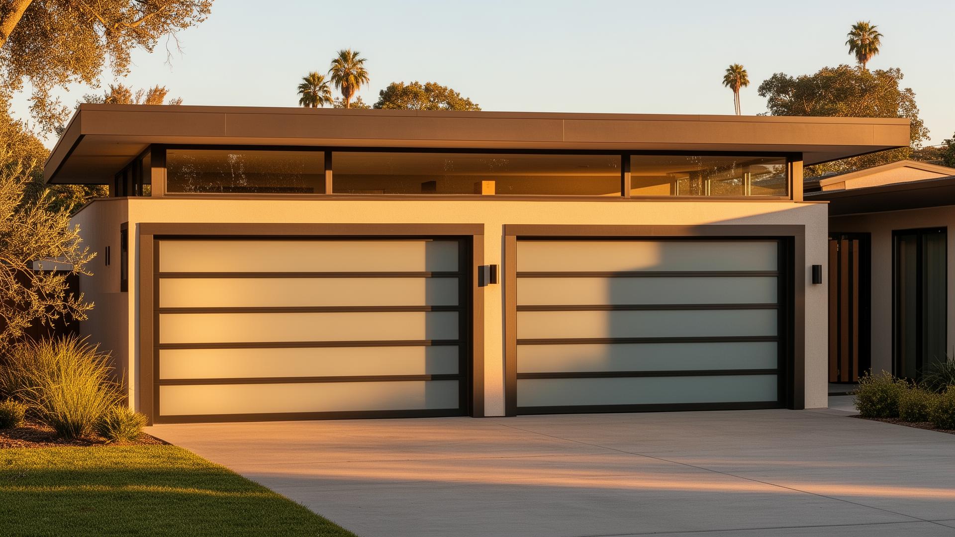 Modern sleek steel garage doors with frosted glass panels on a mid-century home in Randolph, Ohio